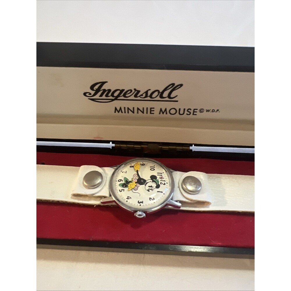 VTG Ingersoll Minnie Mouse wristwatch 50’s Walt Disney Original Box Leather Bans